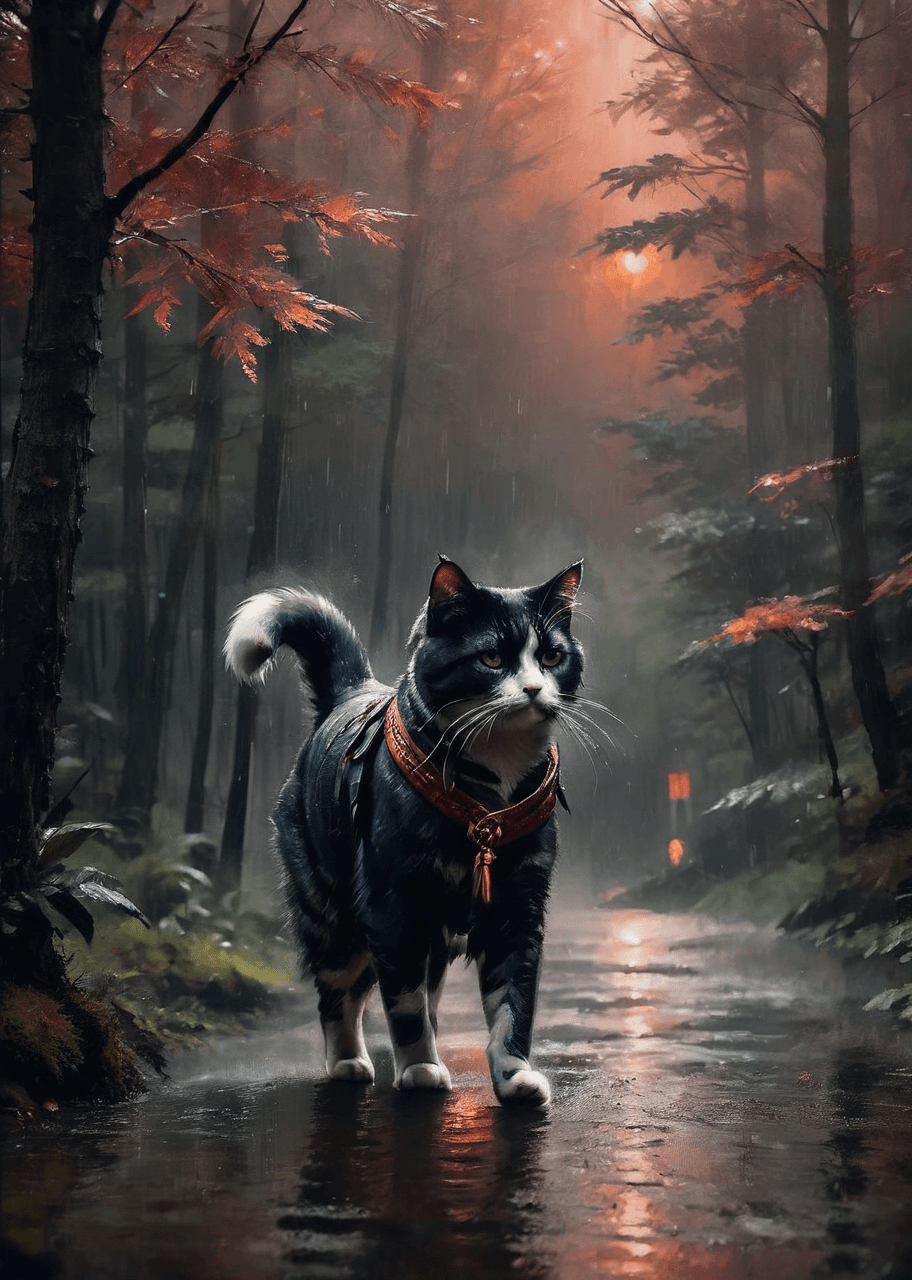 AI generated: A photo of a samurai cat walking in a rainy forest, reddish tint, cinematic, backlight, smoke effect...