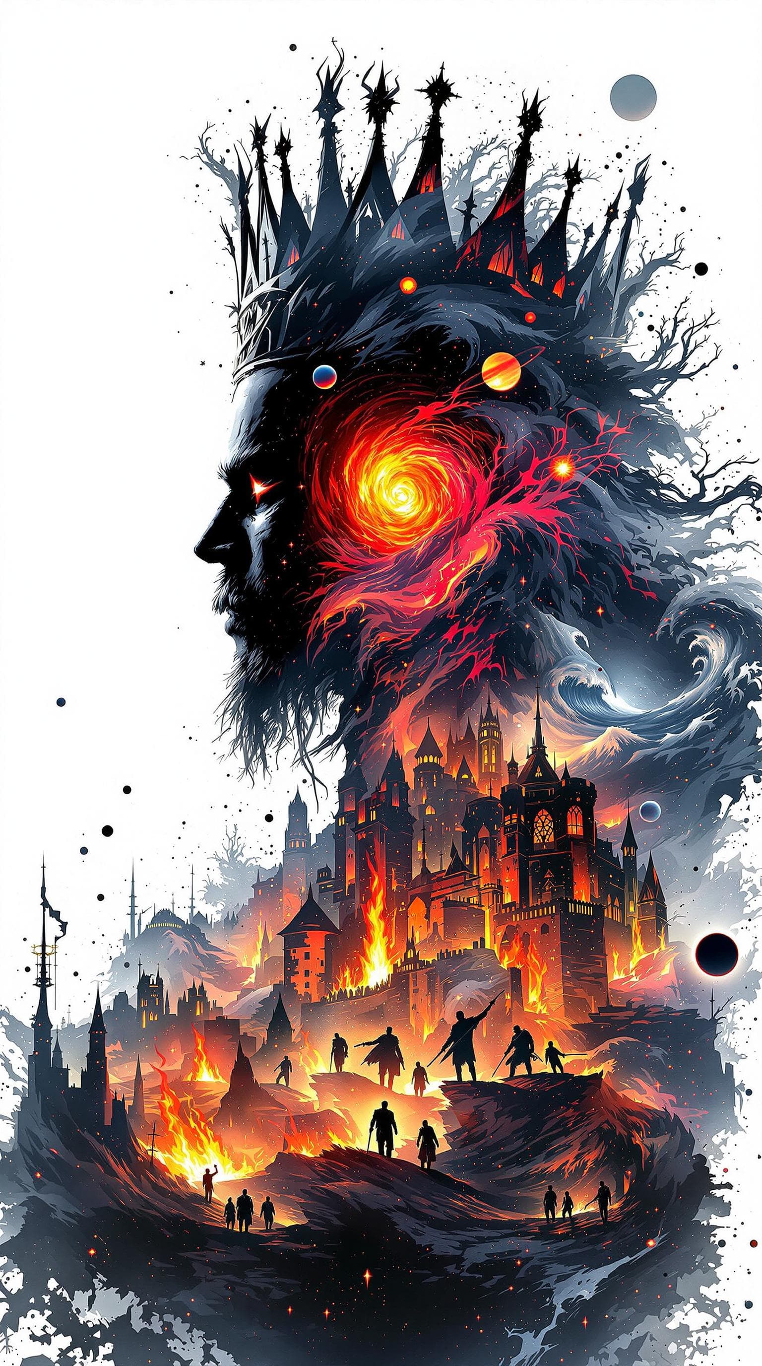 AI generated: A breath taking double exposure illustration featuring a sinister silhouette of a corrupt king with ...