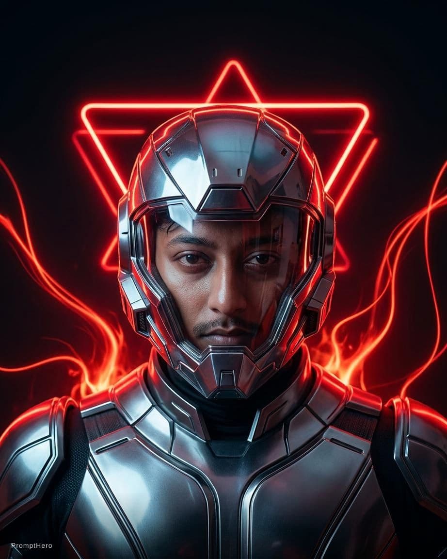 AI generated:  futuristic cyborg boy featuring a captivating reflective cybernetic helmet adorned with glowing tri...