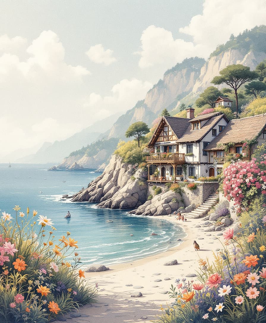 AI generated: <lora:Antique Watercolor 2:1.0> <lora:Ink Poet:1.0> landscape of a cozy sea village
