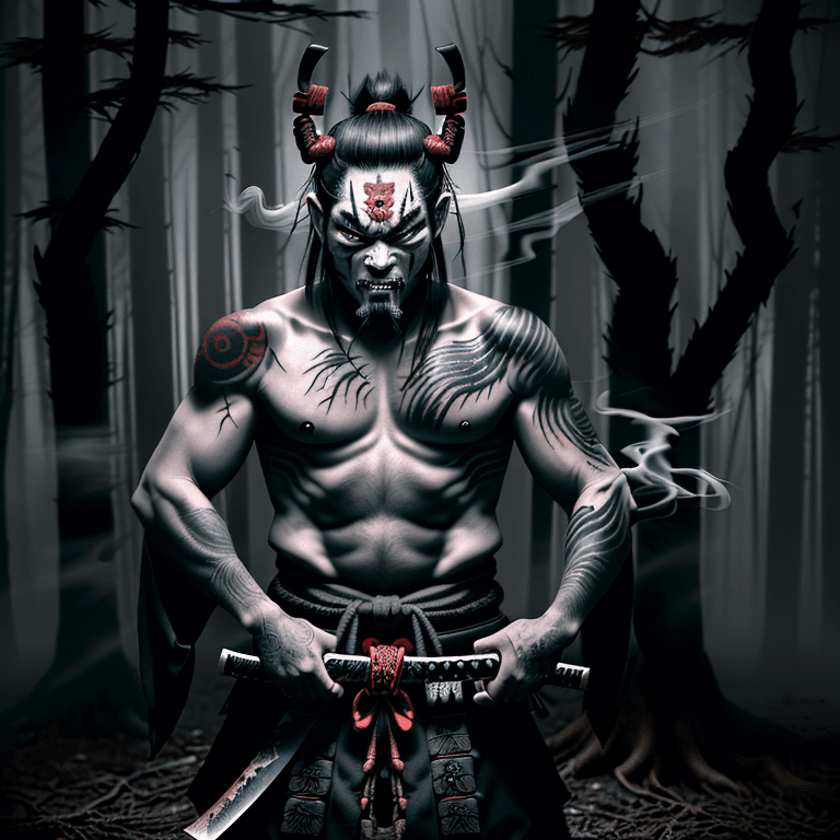 AI generated: A samurai with his demonic mask and his katana loves him, covered in ancient tattoos, coming out of ...