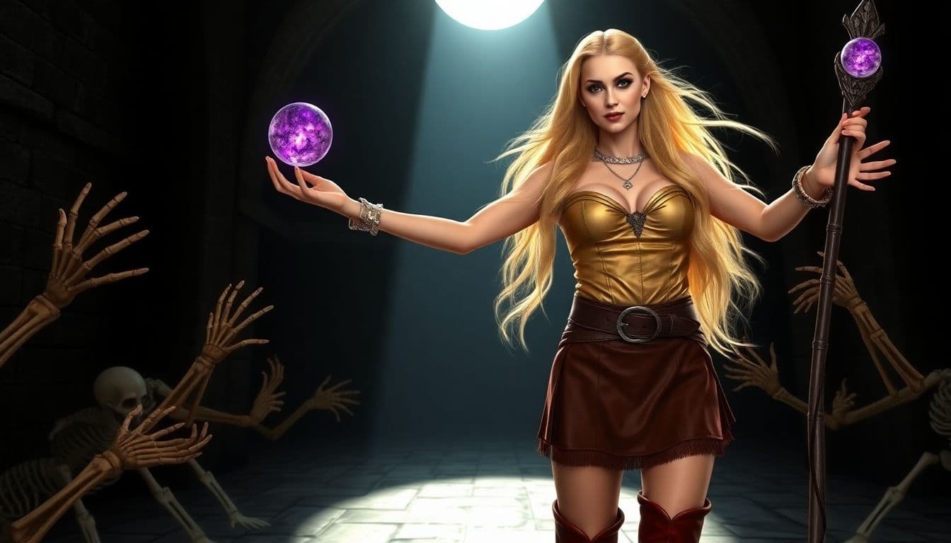AI generated: A woman with long, flowing blonde hair and dark eye makeup, wearing a gold top with a sweetheart nec...