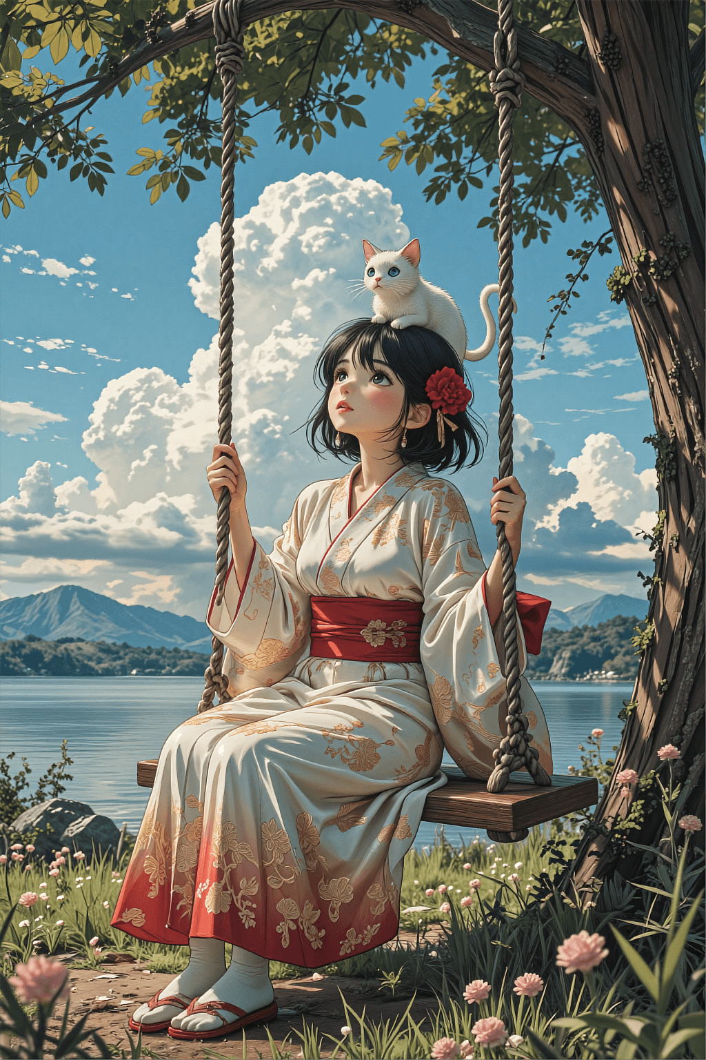 AI generated: A vertical masterpiece 3D anime illustration of a Japanese girl with black hair and dark green eyes ...