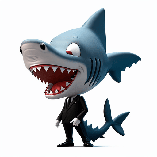 AI generated: friendly 3D cartoon shark with a human-like body, very small teeth, dressed in Mafia style, isolated...