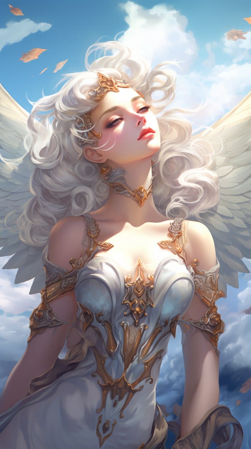 AI generated: portrait of Hera goddess of heaven and earth, white hair and makeup, with a sky background, intricat...