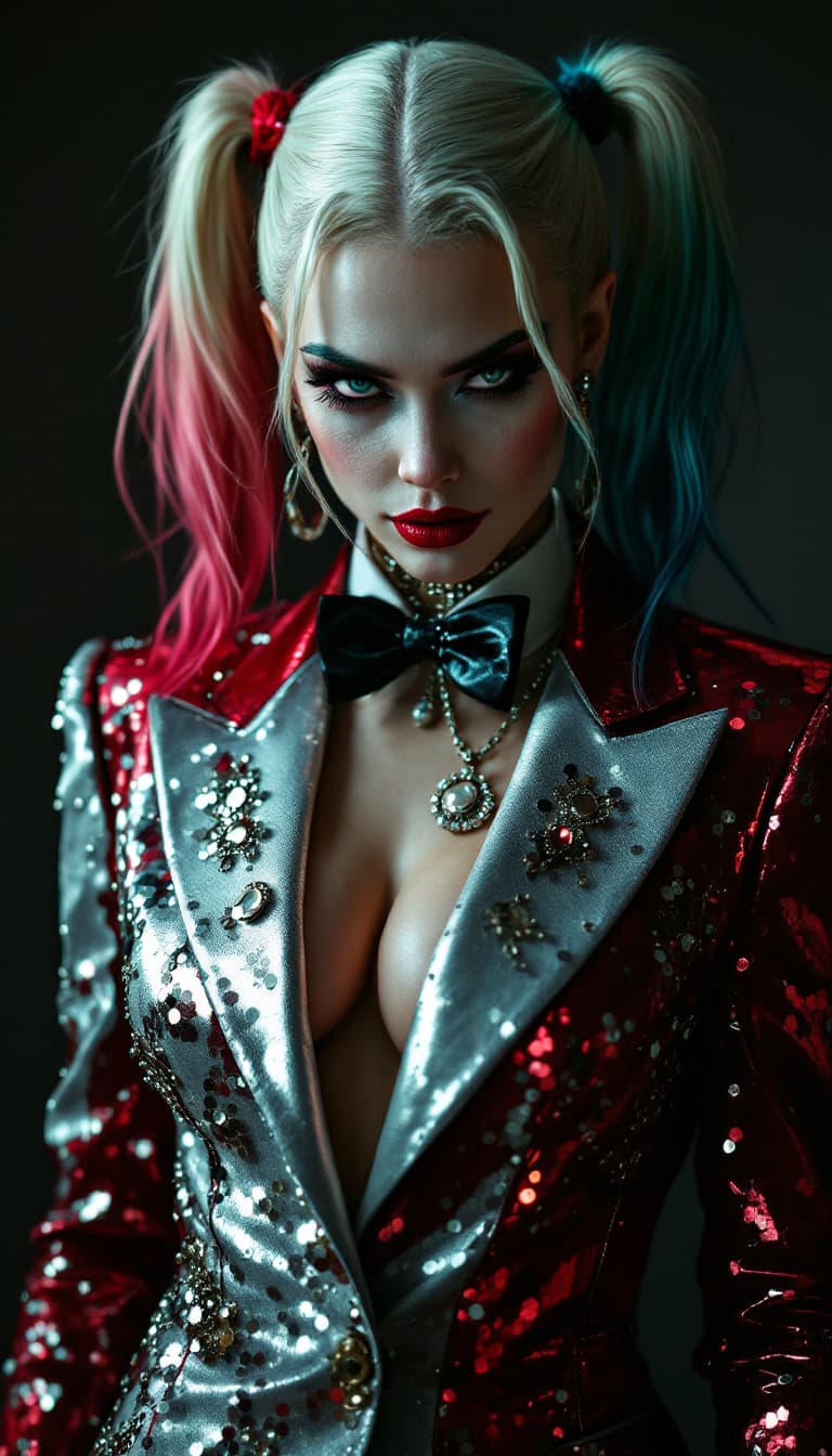 AI generated:    photo realism fictional character harley quin as a high fashion model dressed in a chic elegant t...