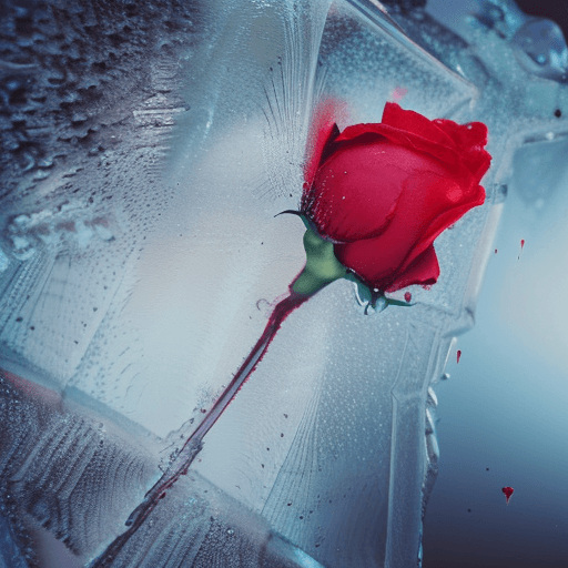 AI generated: close-up photo of a beautiful red rose breaking through a cube made of ice , splintered cracked ice ...