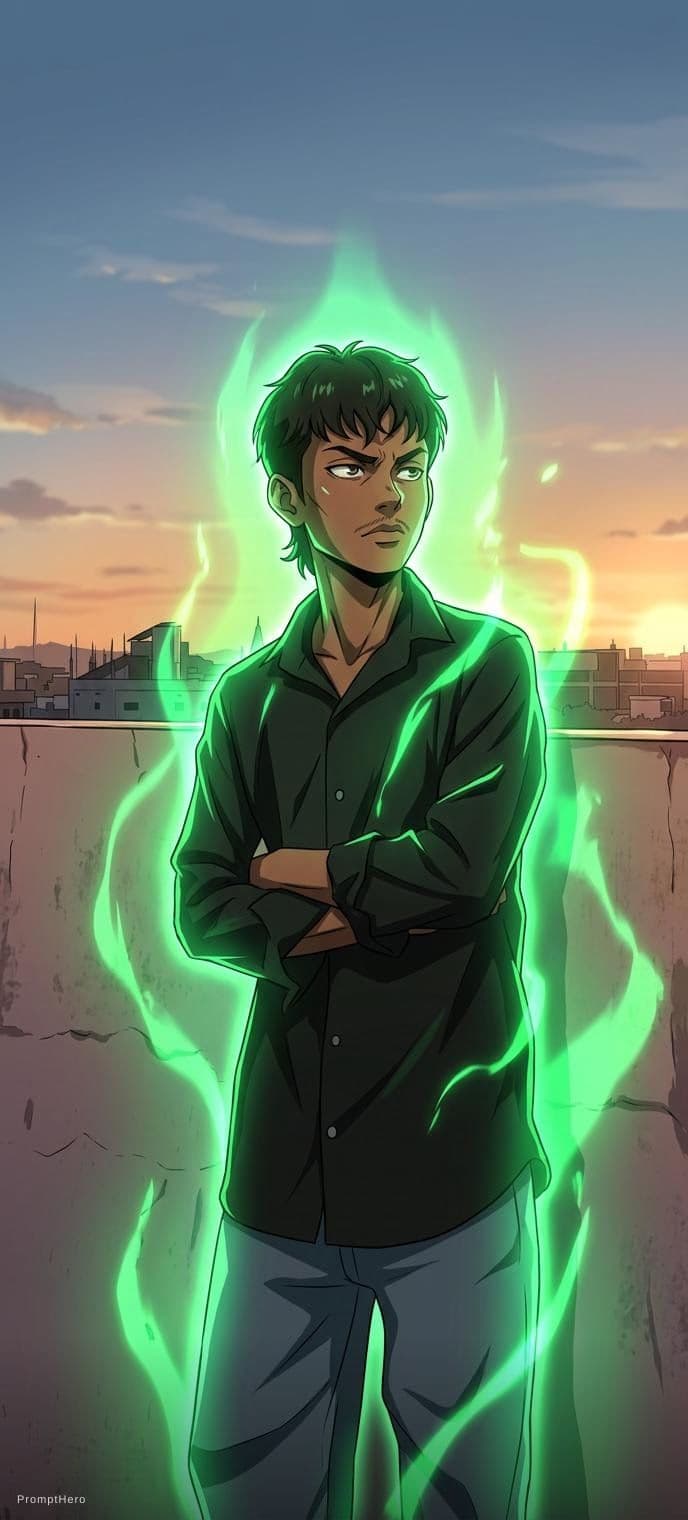 AI generated: Anime image a boy looking attitude is Aura glowing in green colour