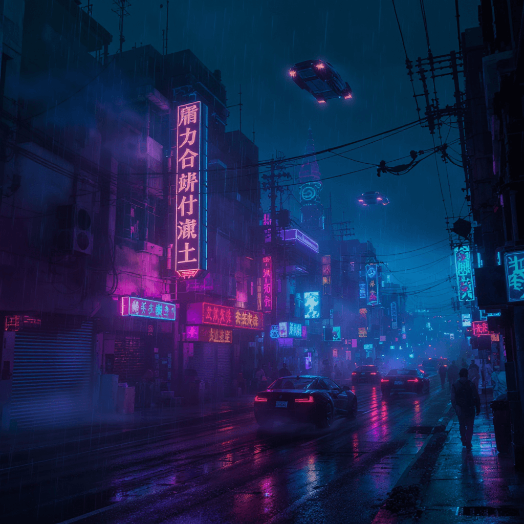 AI generated: ultra-detailed futuristic cyberpunk street at night, glowing neon signs, reflective wet asphalt, moo...