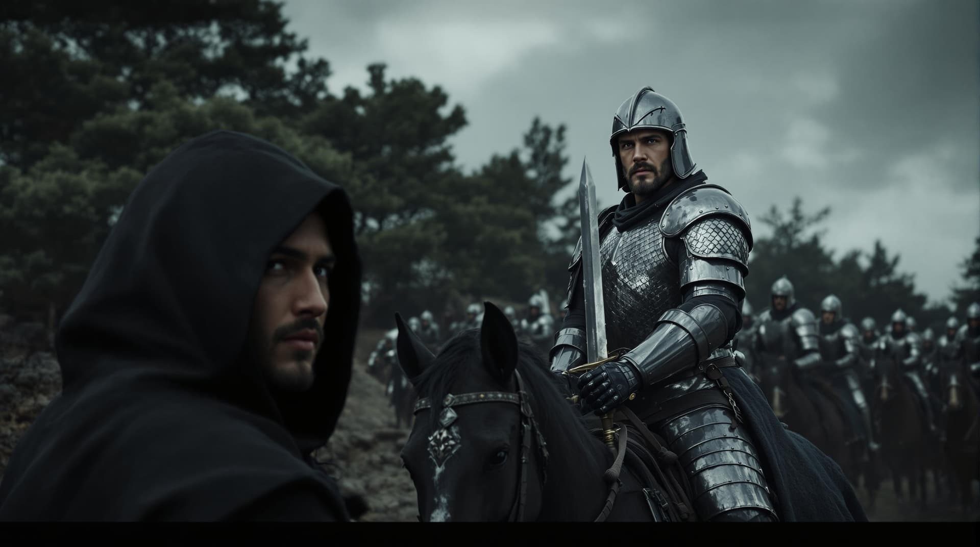 AI generated: a man on horseback in the foreground, with a group of armored men on horseback in the background. Th...