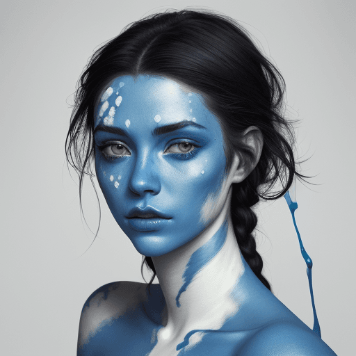 AI generated: A portrait of an attractive woman with white paint on her face and neck, blue hands made from ice co...