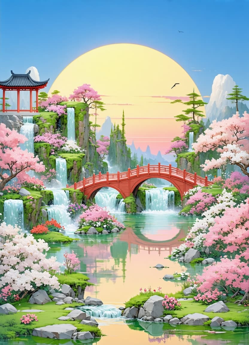 AI generated: long range view, Beautiful Japanese flower garden, elegant bridges, waterfalls, pink and white, by A...