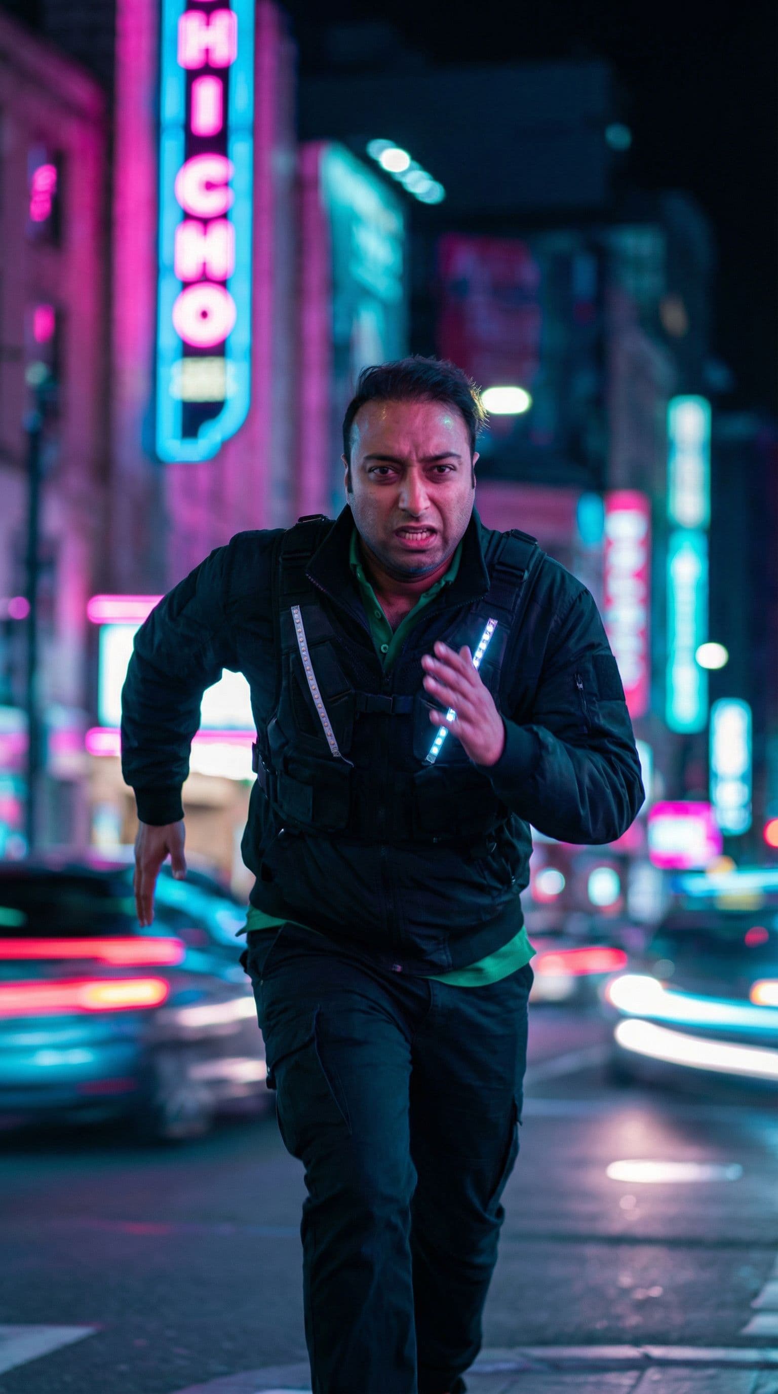 AI generated: # Goal
Generate a high-quality, visually striking image of a man in motion within a cyberpunk urban ...