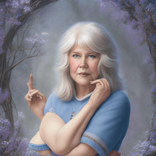 AI generated: Woman. 65-70 years old. Plus-size style. Blonde. Blue eyes. A pleasant oval face. Soft skin. The pos...