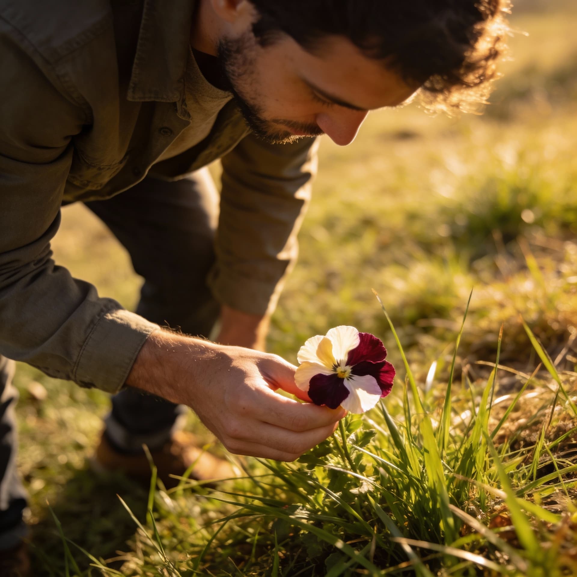 AI generated: man who take flower bicoller from the grane ground 
