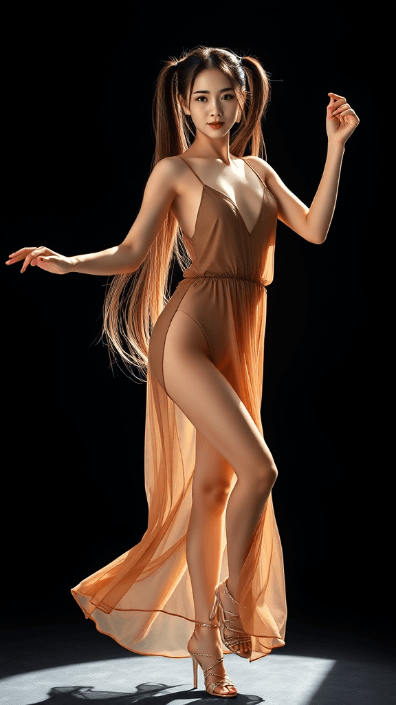 AI generated: A pretty Asian model with long, perfectly styled highlighted brown hair in dual ponytails, captured ...