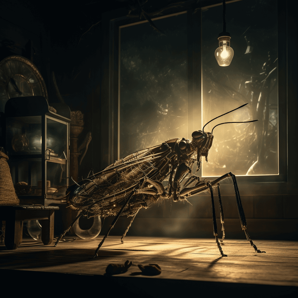 AI generated: giant insect two meters long in a dark room with decoration from the year 1970, side view, window, n...