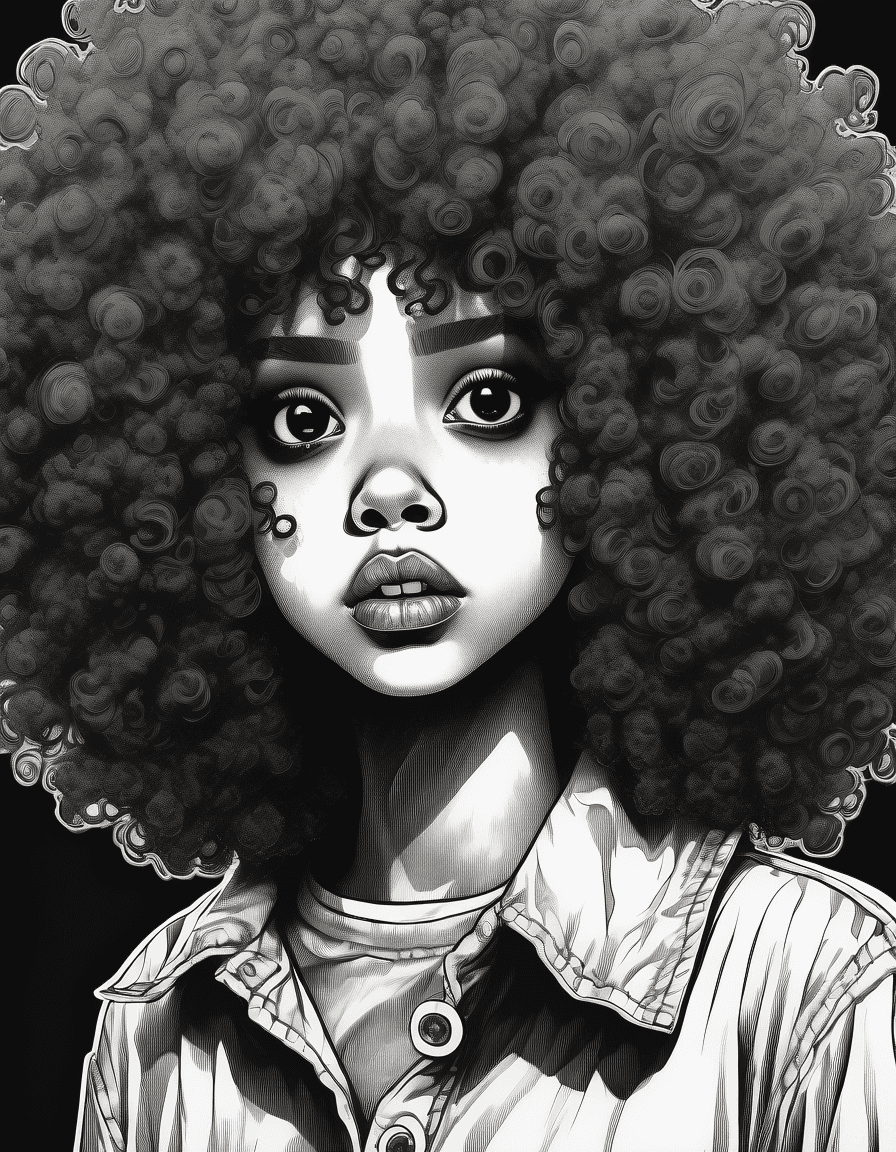 AI generated:  Black and white drawing of a girl with a curly Afro, in the style horror manga