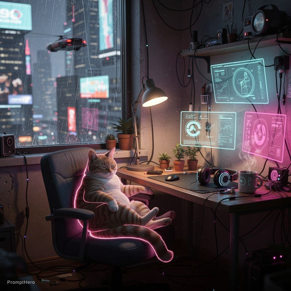 AI generated: lofi cyberpunk cat relaxing in a small neon-lit apartment, rainy night city outside the window, pink...