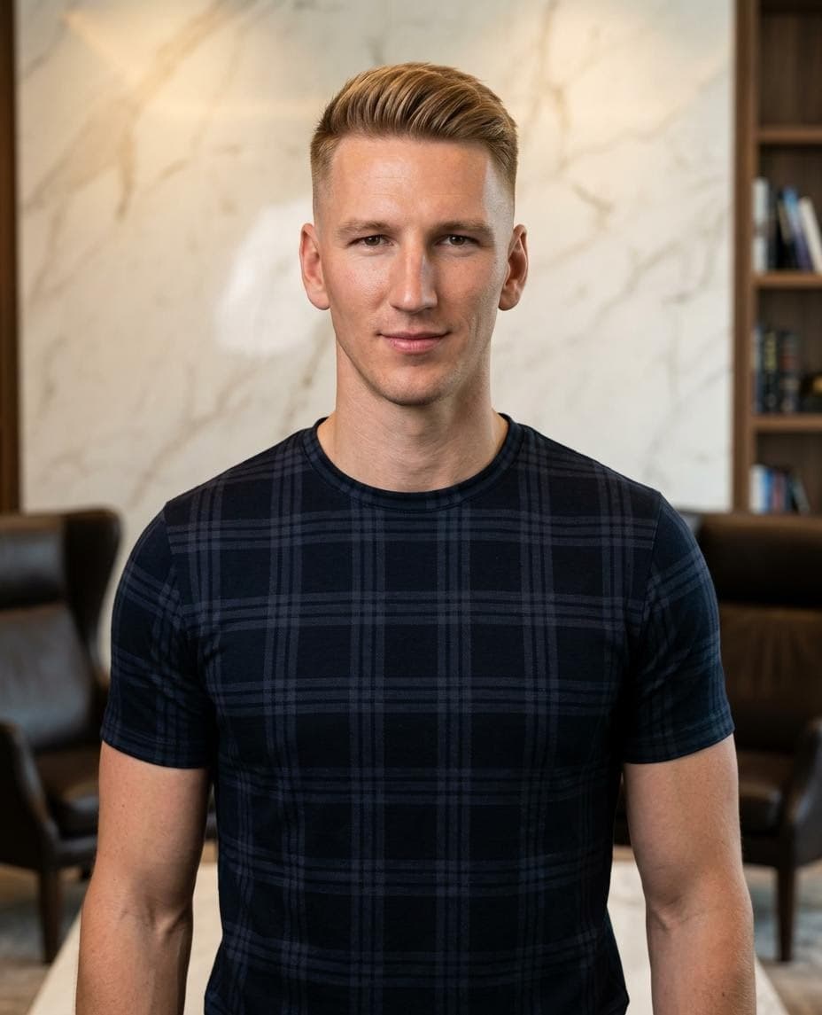 AI generated: Professional portrait of a 38-year-old white American man, golden blonde fade cut, broad shoulders, ...