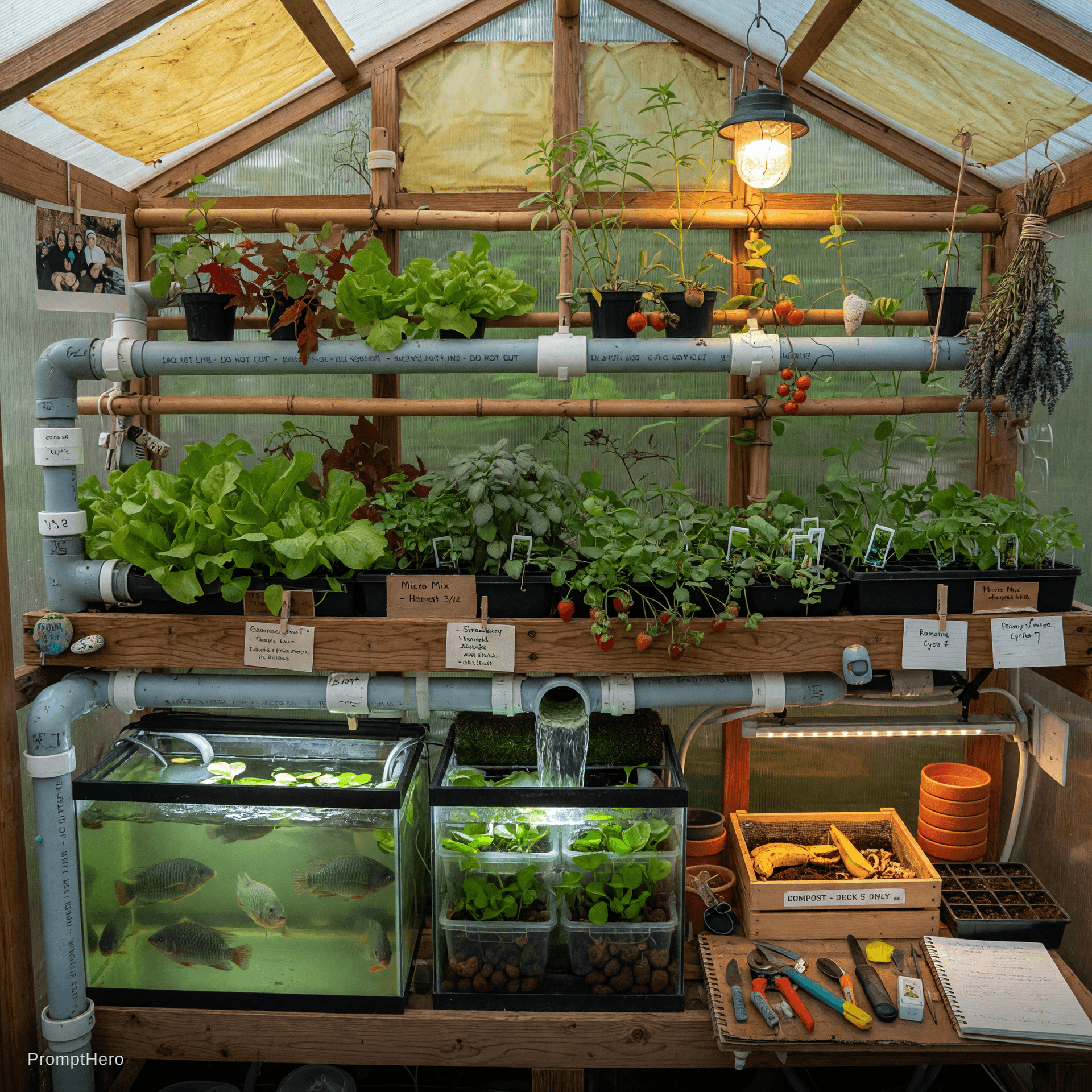 AI generated: Warm and detailed interior close-up of the self-sufficient Aquaponics Greenhouse on Projekt Nomad De...