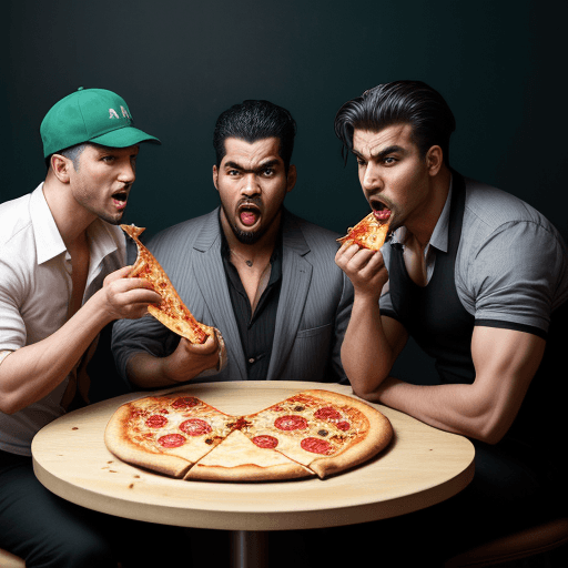 AI generated: journalist photo of two gangsters forcing a men to eat pizza with pineapple on the top