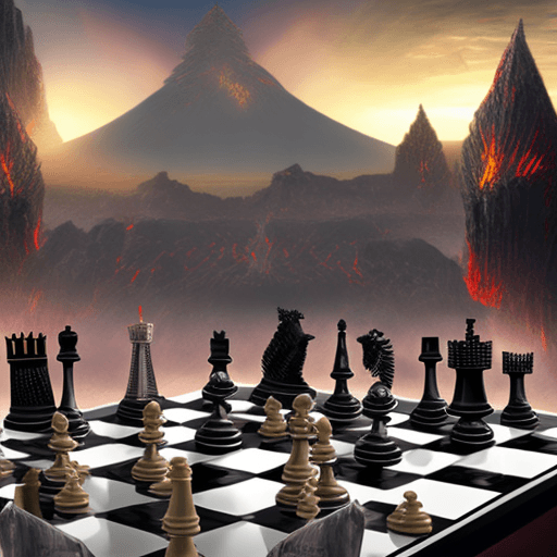 AI generated: Digital artwork of a fantastical chess game set in the foreground with a towering dark knight and a ...