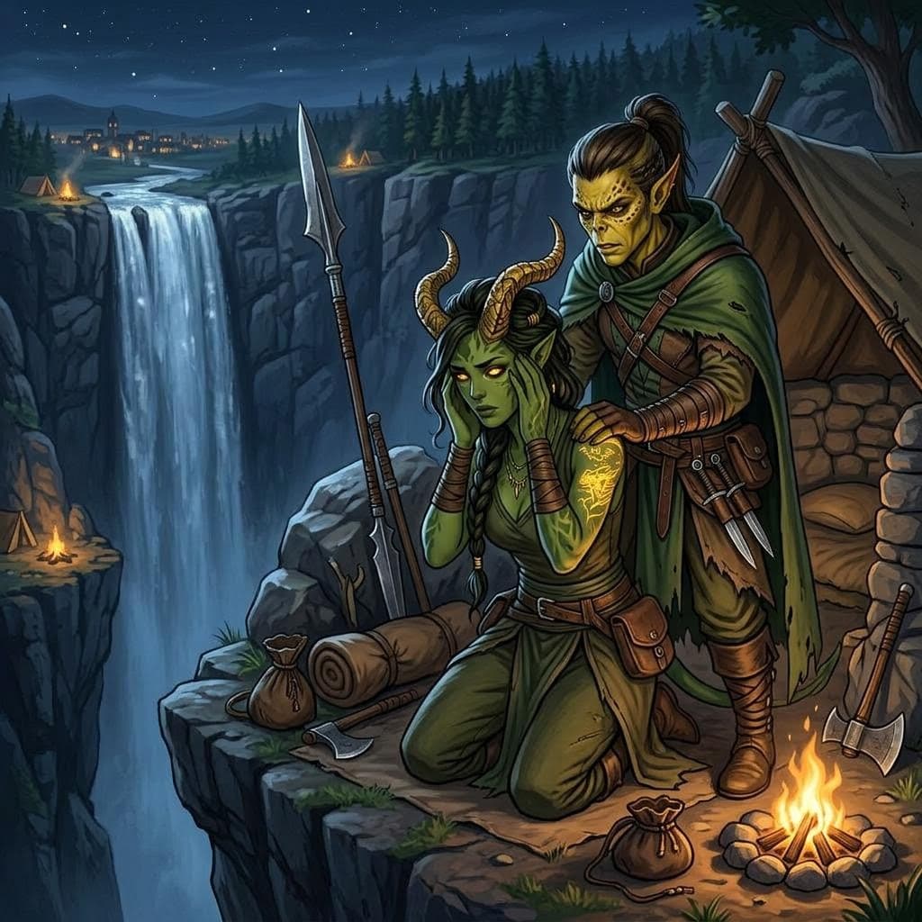 AI generated: a githzerai male ranger tries to comfort a green female tiefling that is having visions of the futur...