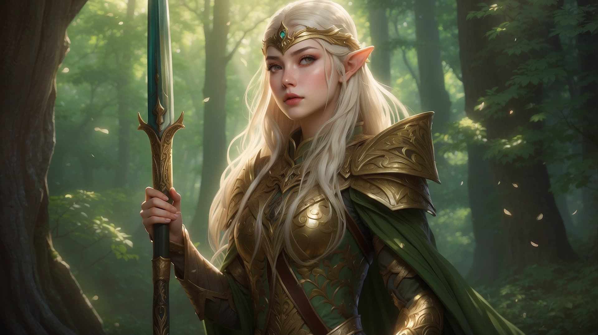 AI generated: "Anime Illustration, A majestic portrayal of a beautiful yet formidable female Elven warrior from th...