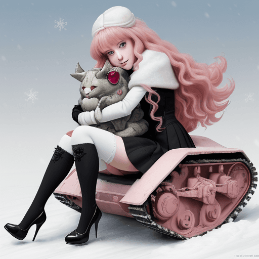 AI generated: Louise le Blan de La Vallière de Tristain, anime, sit on snowy camouflage riding tank and hug hersel...