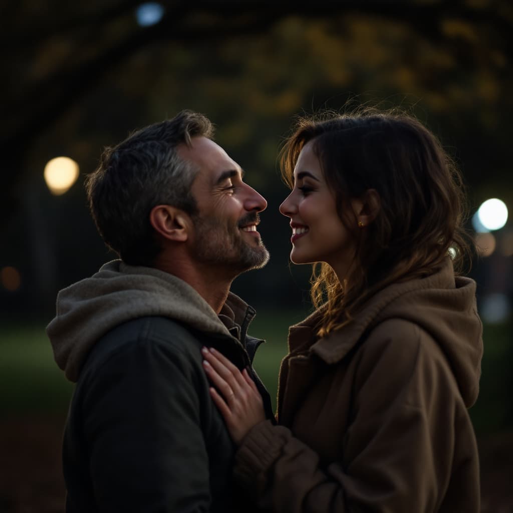 AI generated: mature buxom woman and very young 12yo boy, kissing, looking in each other's eyes, happy, in a park,...