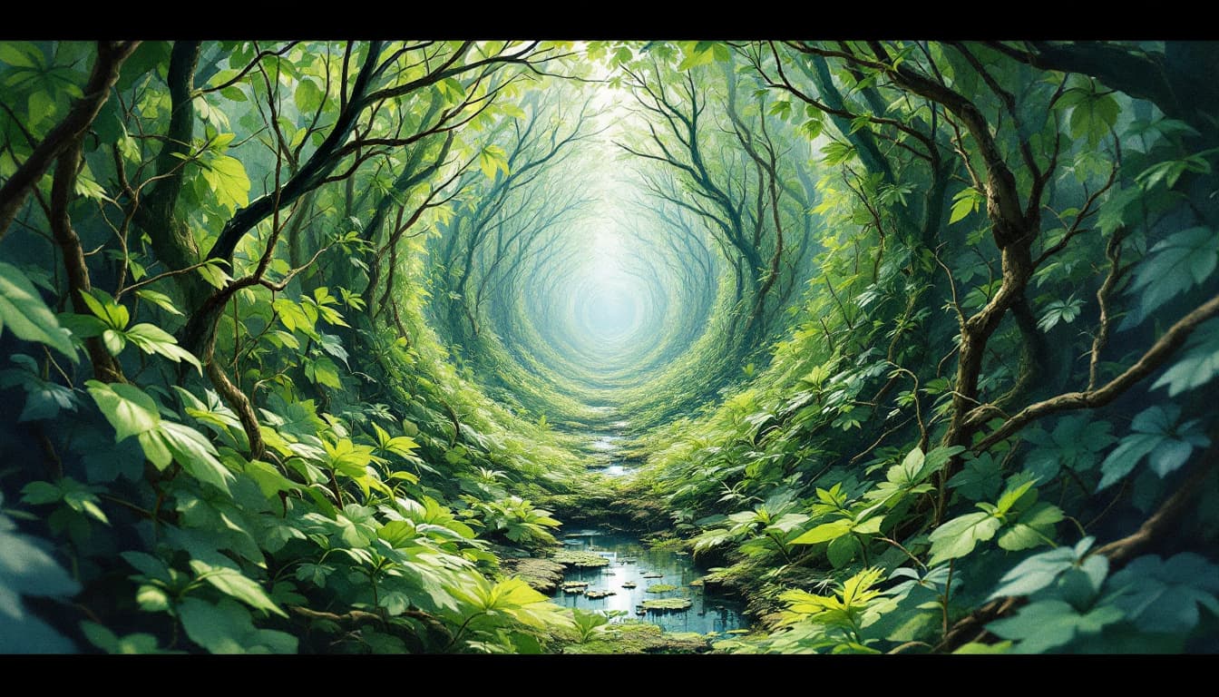 AI generated: water color work, realistic, fractals, symmetric work, pastel colors, a straight infinite tunnel of ...