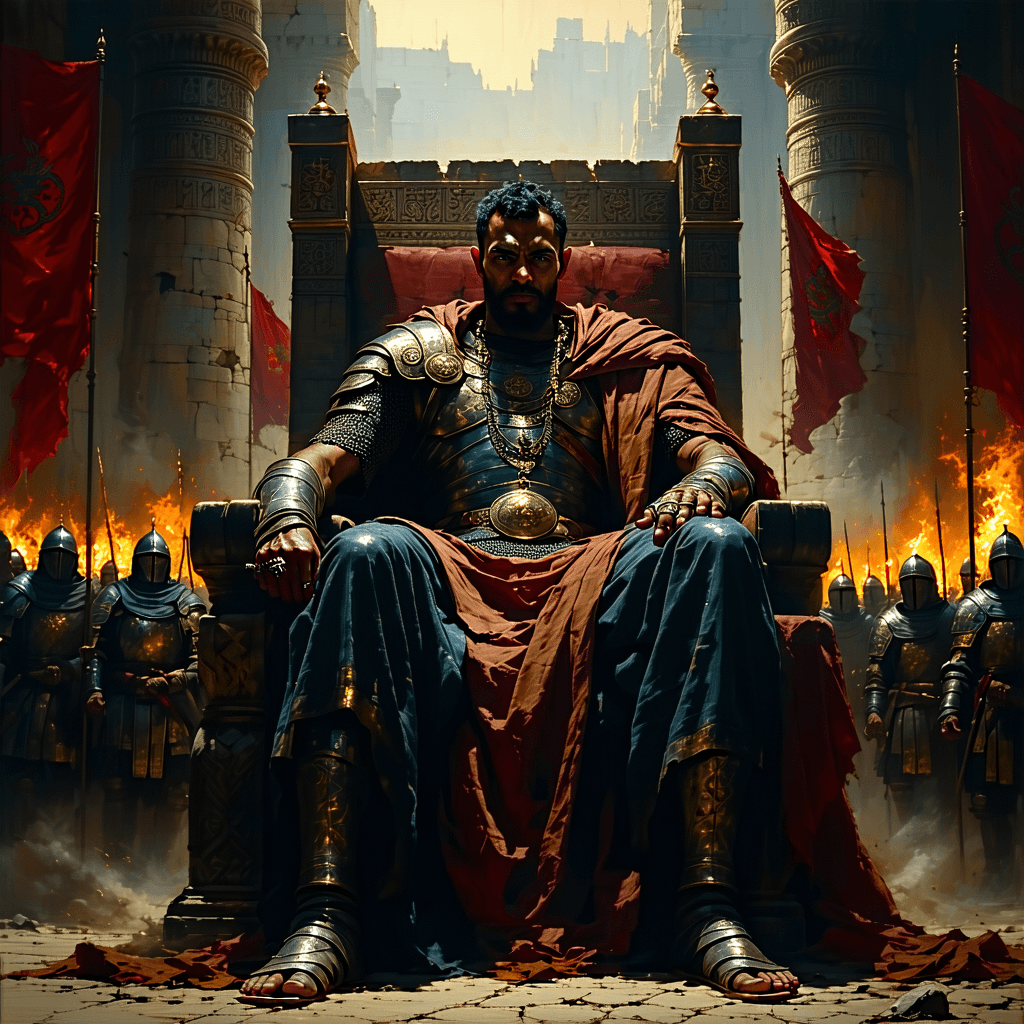 AI generated: Oil painting, Yemen’s ruthless ruler, King Abraha, seated on an opulent yet battle-worn throne. His ...