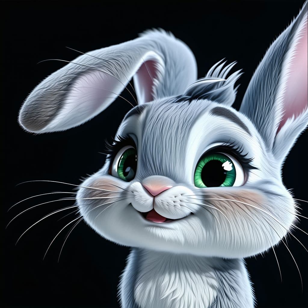 AI generated: cartoon, dollish cute russian blue bunny face, emerald green eye, simplify, expressive eyes and a pl...