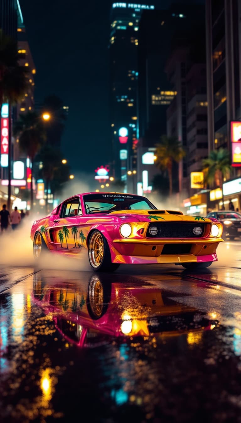 AI generated: A 1968 Ford Mustang from a front, side view doing a burnout on a crowded city street at night. The c...