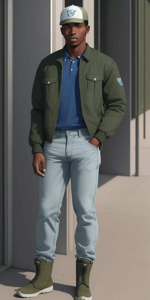AI generated: black male, full body, 23 years old, cropped hair, gentle face, no beard, no mustache, blue baseball...