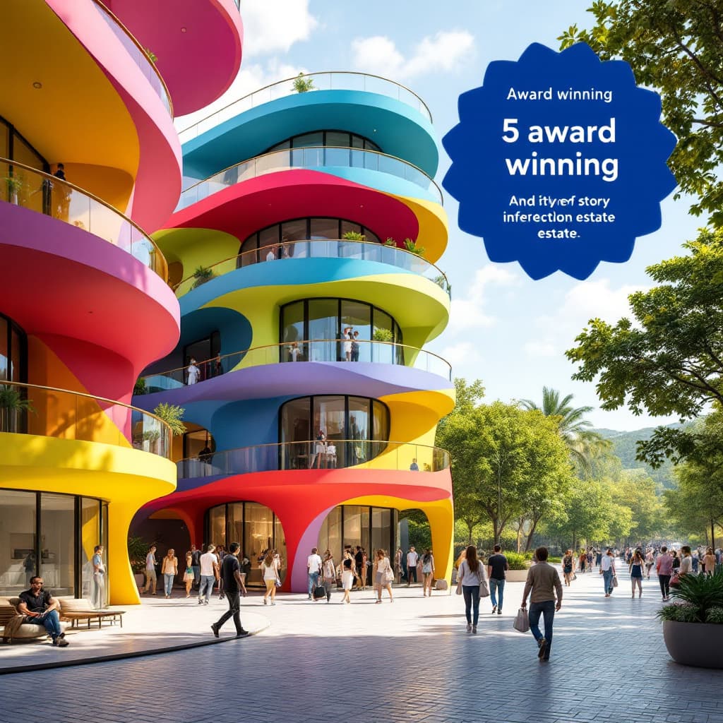 AI generated: award-wining, 5 story, vibrant color, curved balconies, indirect sunlight,  people moving around in ...