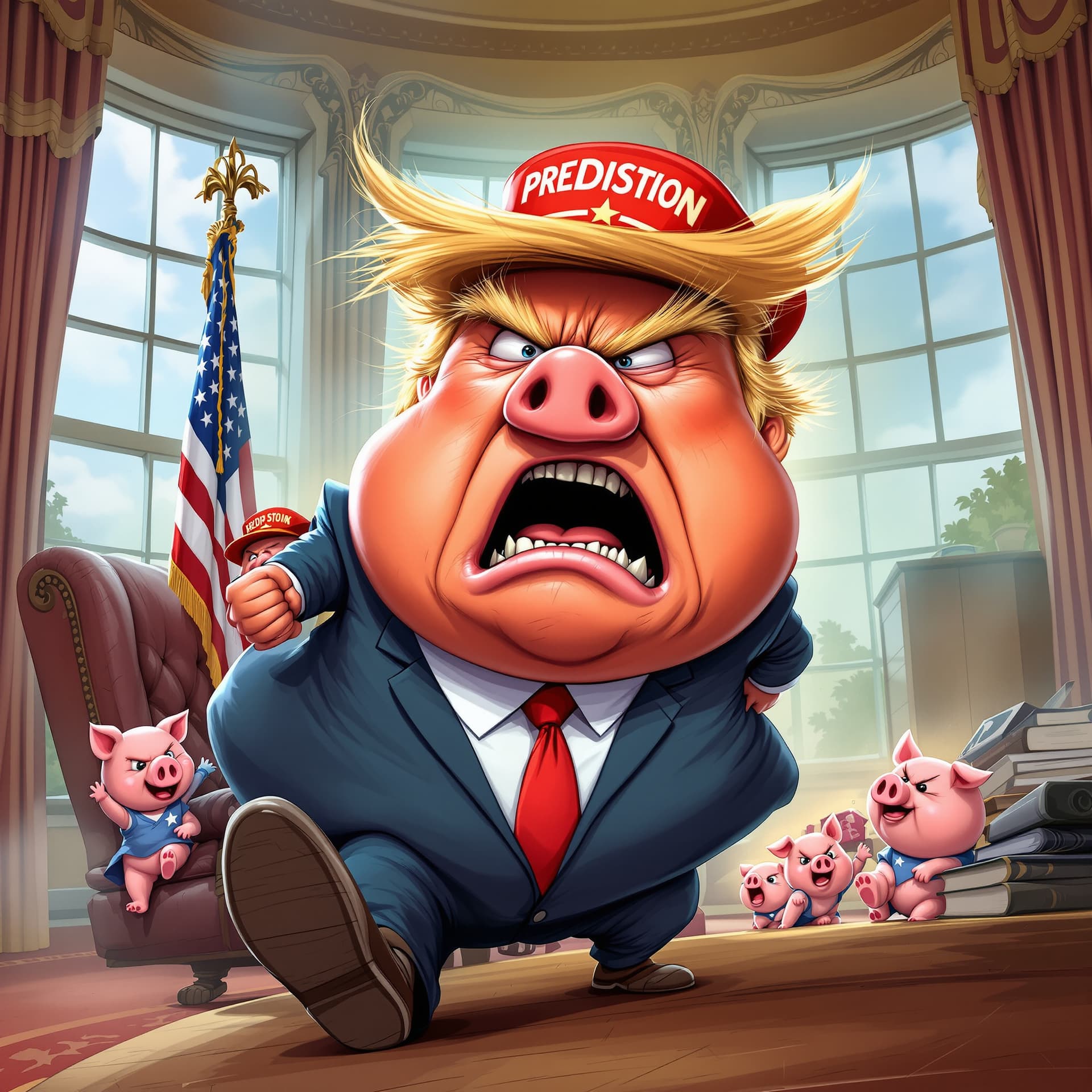 AI generated: funny caricature, angry president of the United States caricature, animated pig, ageless, with deep ...
