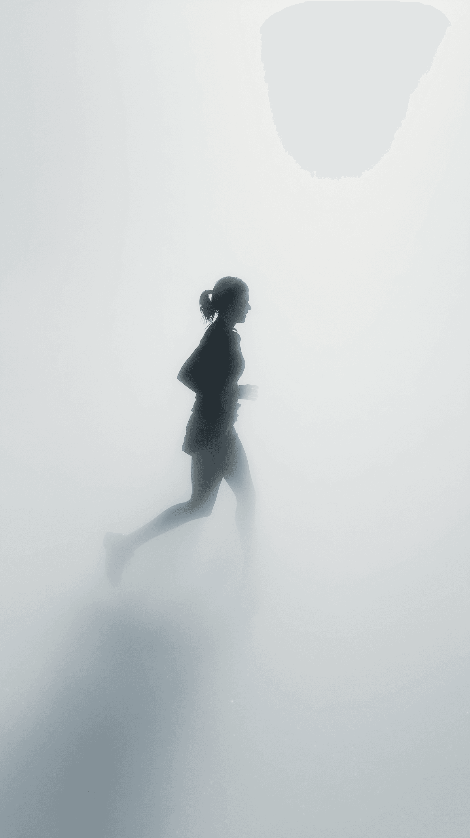 AI generated: high-key photography, soft black silhouette, female runner, side shot, running in dense white volume...