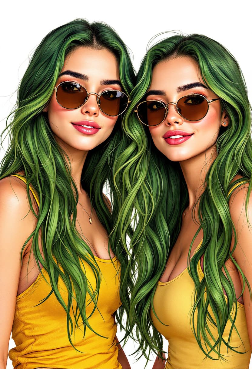 AI generated: This is a digital drawing in a detailed, realistic style. It features two young women with long, wav...