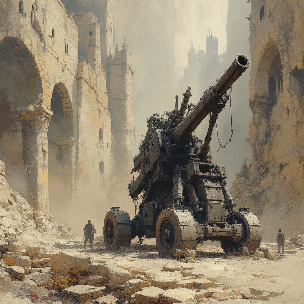 AI generated: in craig mullins' art style, large paintstrokes, early medieval catapult, grim/pastel palette, marke...