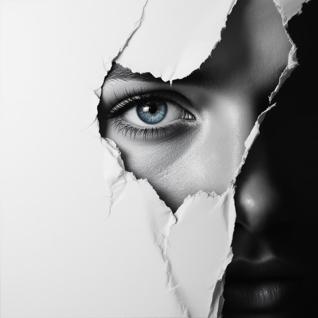 AI generated:  A hyperrealistic oil painting, white background of an eye peeking through ripped paper with the sha...