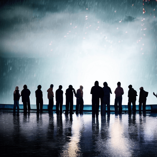 AI generated: photograph of 10 adults young and old, men and womens,  standing on a hospital roof, silhouetted by ...