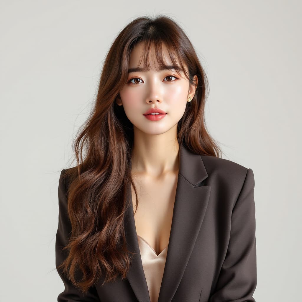 AI generated: A 30-year-old Korean-American woman with fair skin and long chestnut hair with curtain bangs, wearin...