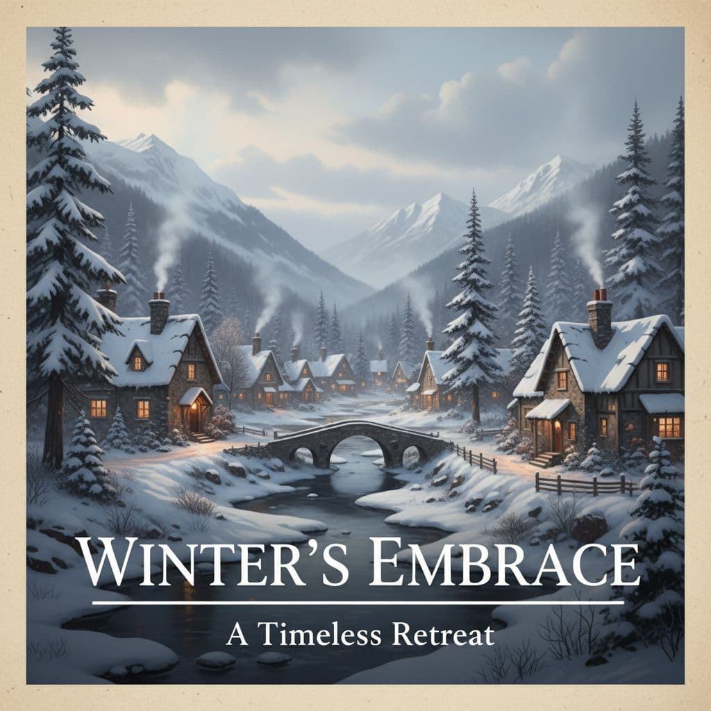 AI generated: Snowy village background, headline text in Pinyon Script, refined classic.