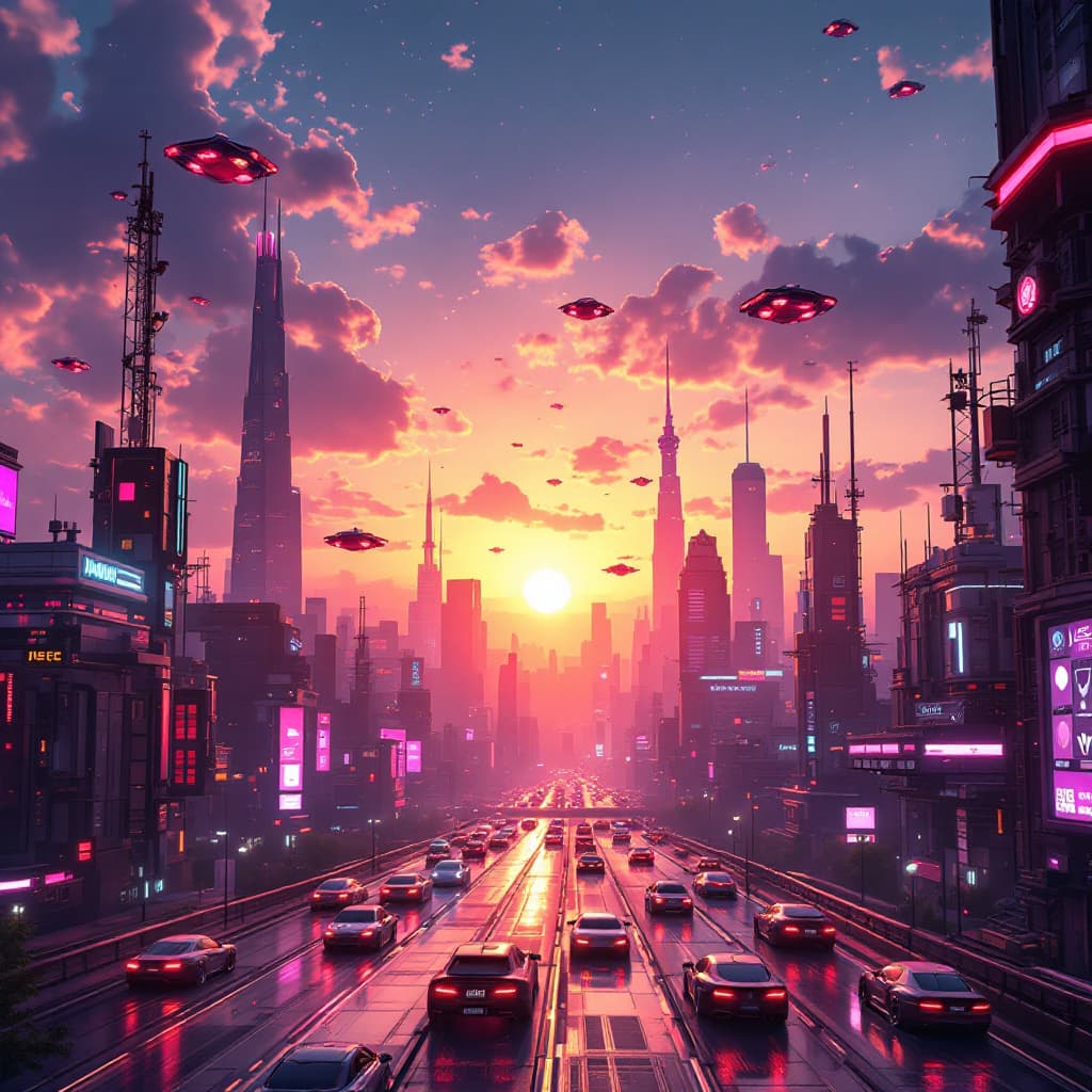 AI generated: A futuristic city skyline at sunset, flying cars, neon lights, cyberpunk style" make the flying cars...