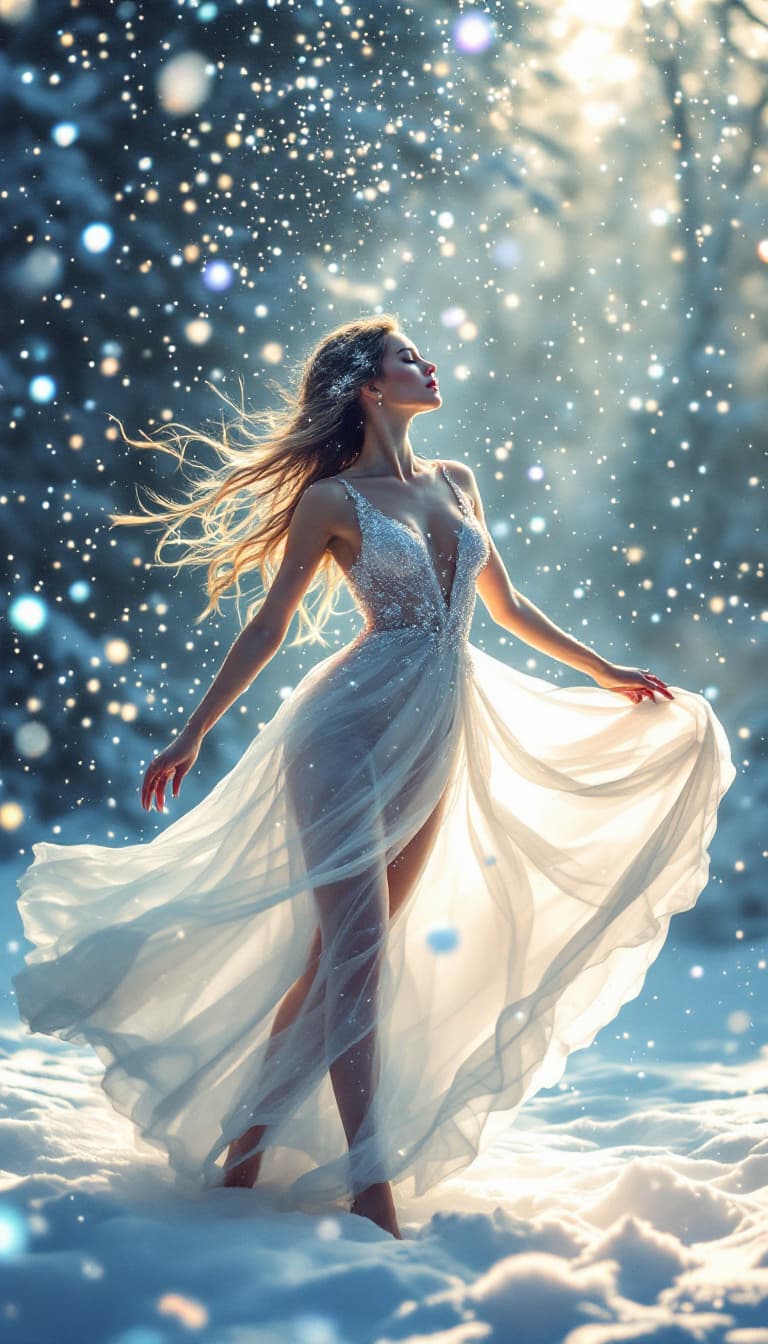 AI generated: A breathtaking, full-body depiction of a woman dancing under a shower of glowing, iridescent snowfla...