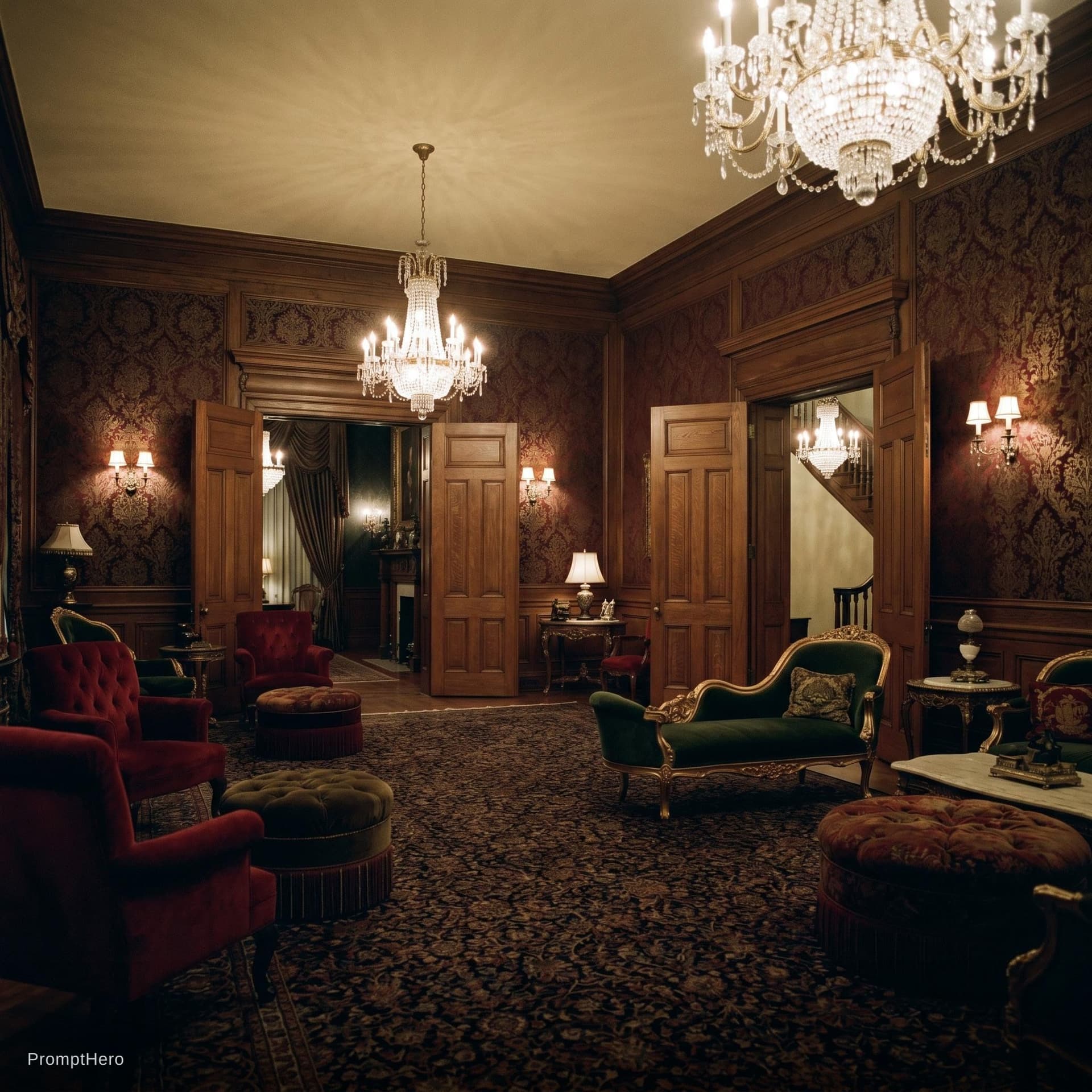 AI generated: Create a large sitting room in an opulent mansion like in Eyes Wide Shut. The Room is empty of guest...