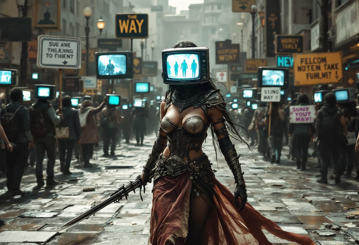 AI generated: woman warrior. people around with televisions instead of heads. many signs indicating the way.
