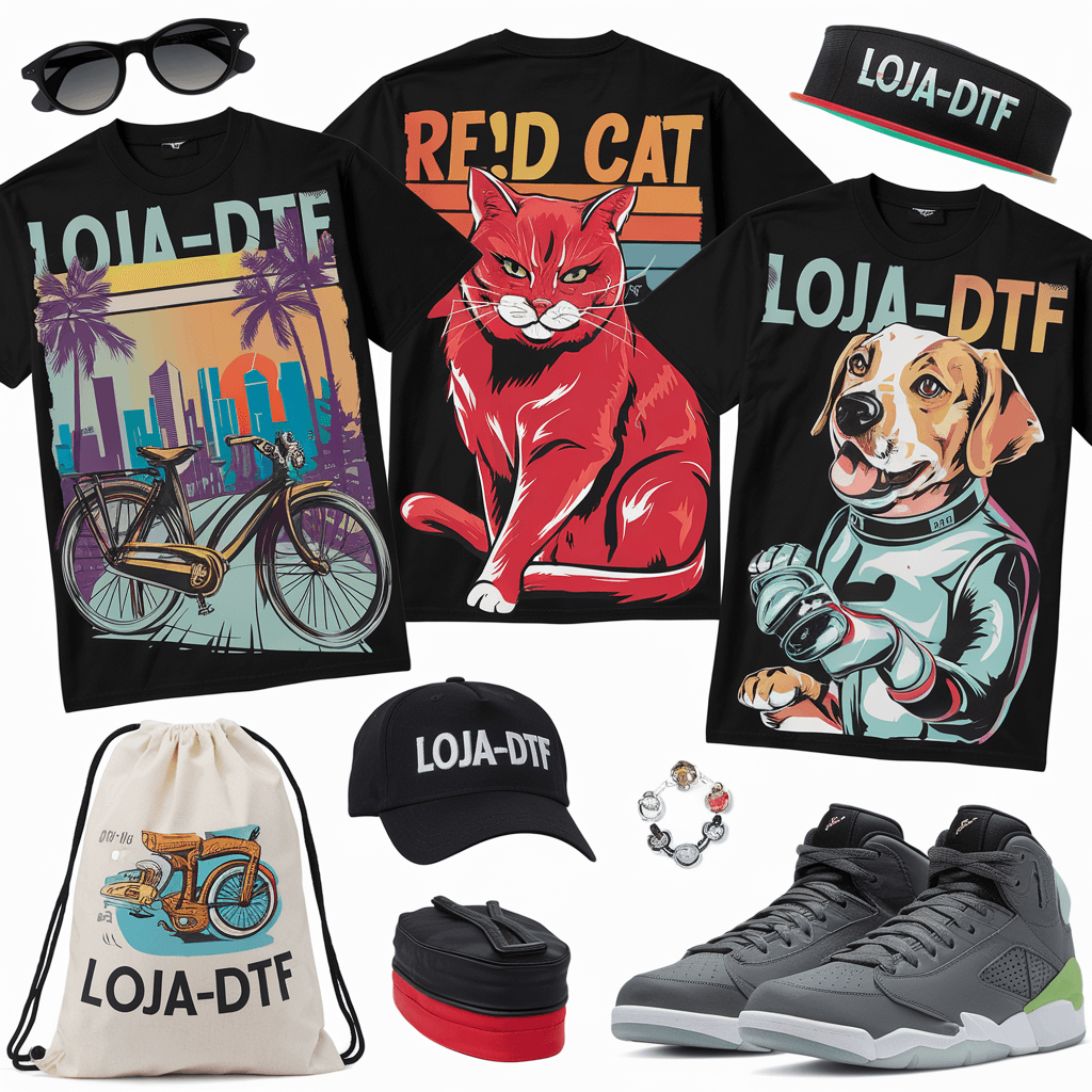 AI generated: Vibrant collection of apparel and accessories, featuring three graphic t-shirts on a black backgroun...